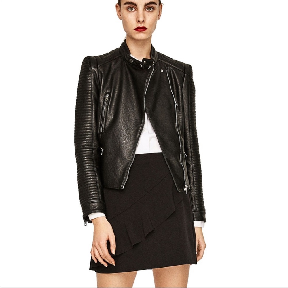 Zara NWT Black Biker Jacket Faux Leather Medium